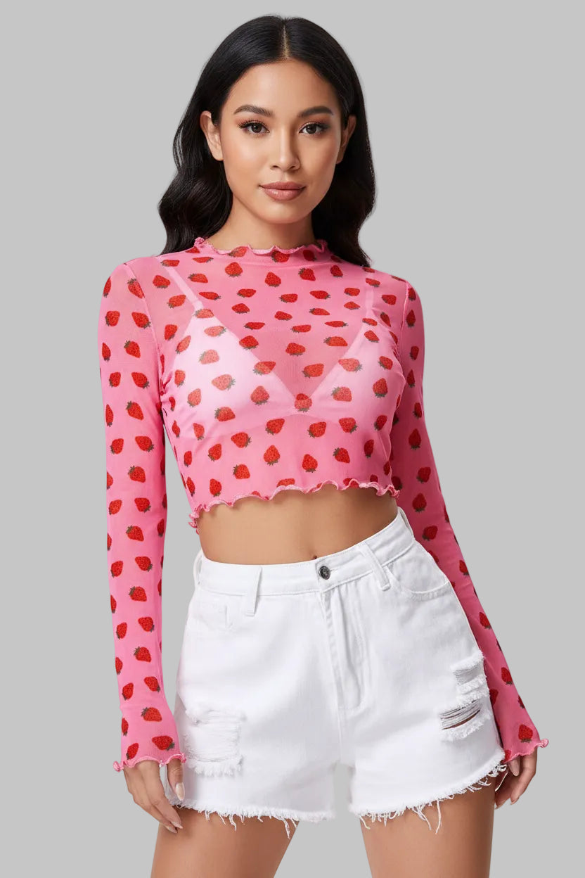 CAMILA MESH TOP (Black & Strawberry Print)
