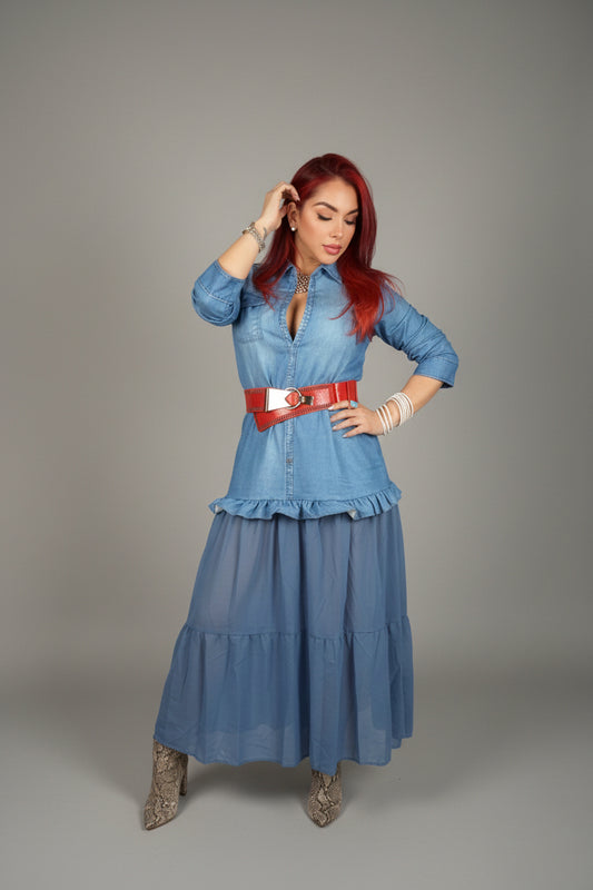 Denim Mesh Maxi Dress