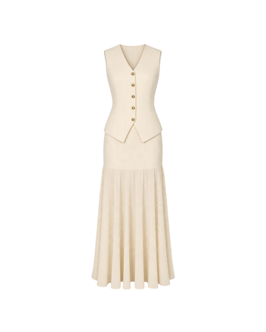 Red Eleganza Boutique beige skirt set featuring a sleeveless vest with gold buttons and a layered long skirt