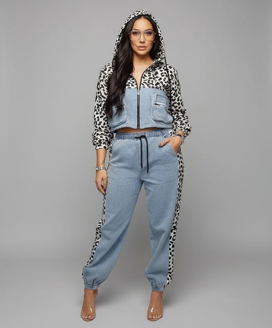 BIBI LEOPARD PRINT DENIM PANT SET