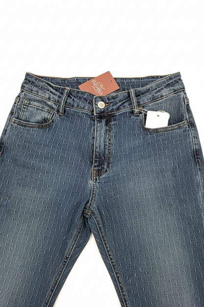 Textured Denim Straight-Leg Pants