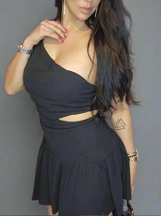LOLA CUT-OUT ASYMMETRICAL BLACK DRESS