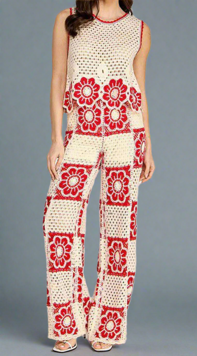 RED ALLURE CROCHET RED PANT SET