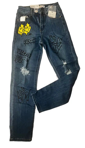 GRAFFITI RIPPED JEANS (BLUE DENIM)-BOYFRIEND STYLE