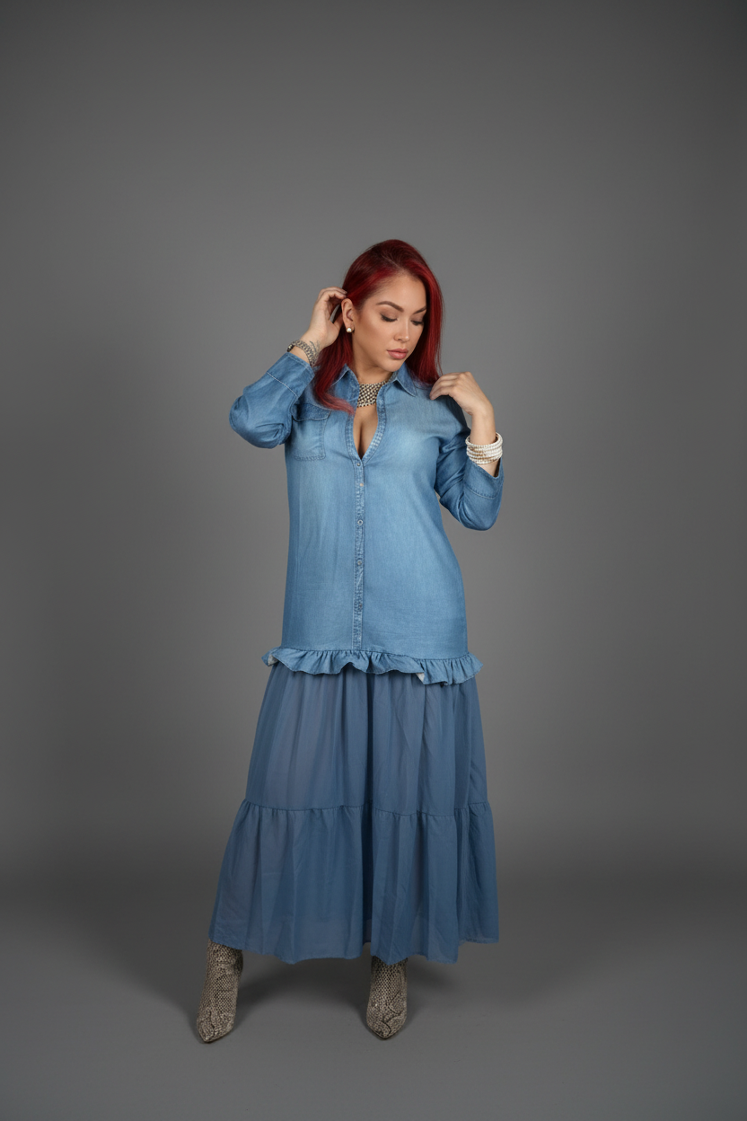 Denim Mesh Maxi Dress