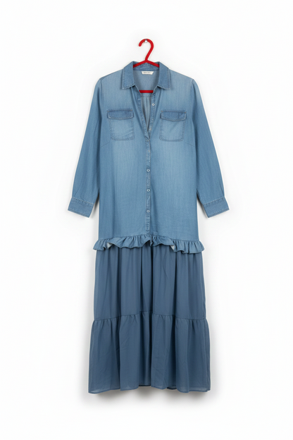 Denim Mesh Maxi Dress