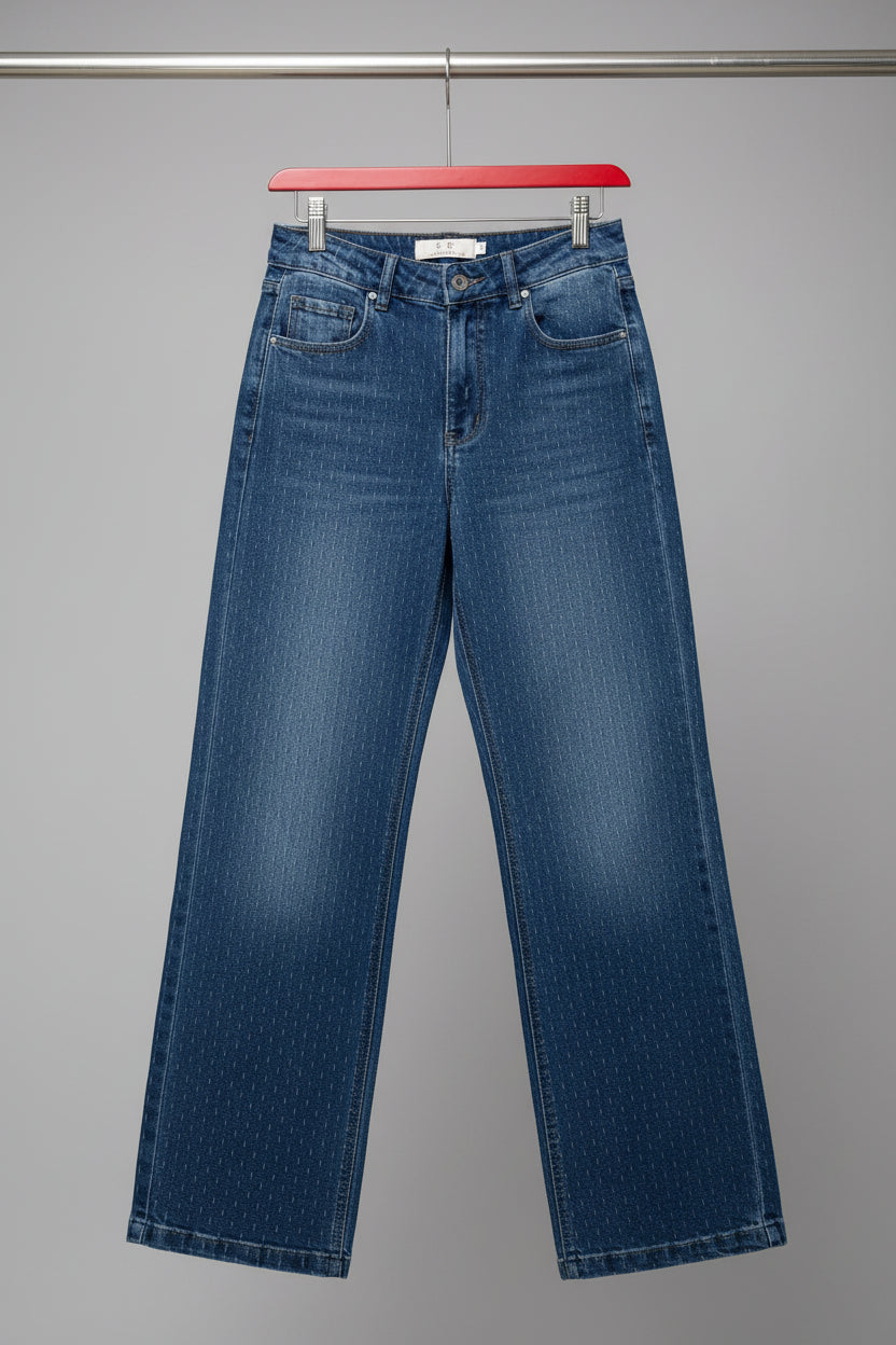 Textured Denim Straight-Leg Pants