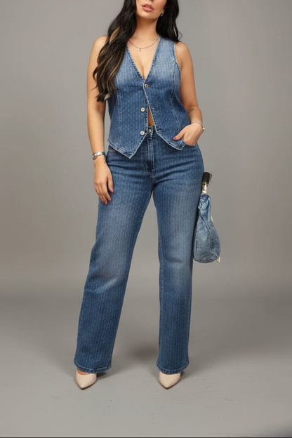 Textured Denim Straight-Leg Pants