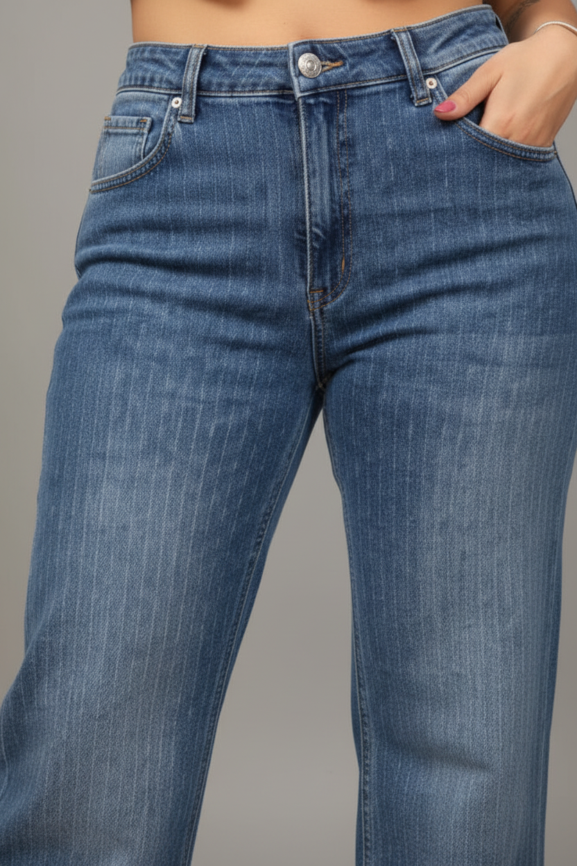 Textured Denim Straight-Leg Pants