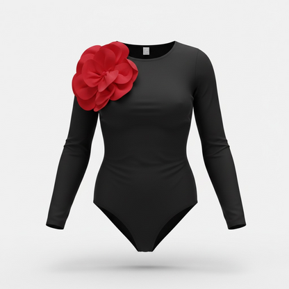 Rosalie 3D Flower Bodysuit-Black