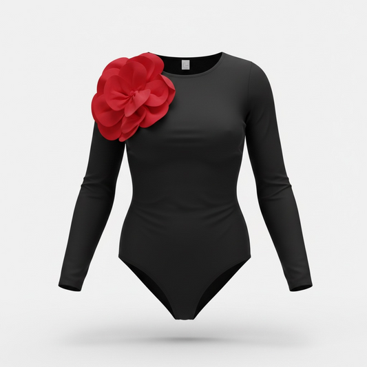 Rosalie 3D Flower Bodysuit-Black